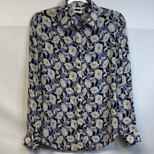 Monoprix French Silk Floral Button-Down Blouse Navy & Cream Print FR 38/US M